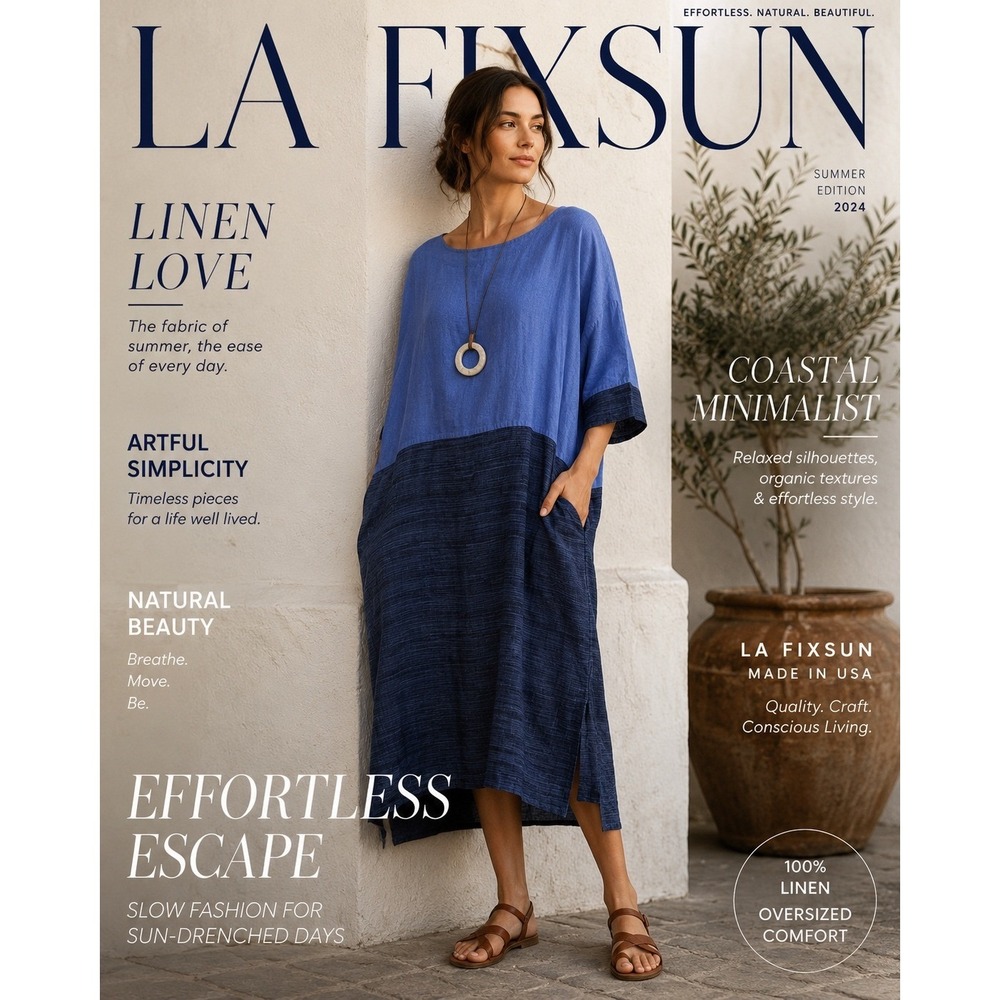 La Fixsun Blue Linen Colorblock Midi Dress Lagenlook Oversized Made in USA Large - Picture 1 of 8